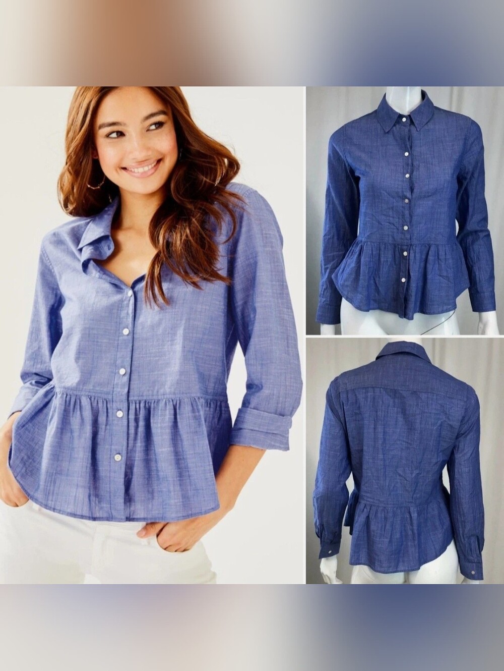 Lilly Pulitzer M Blue Cotton Carina Button Down Peplum Blouse Top Shirt